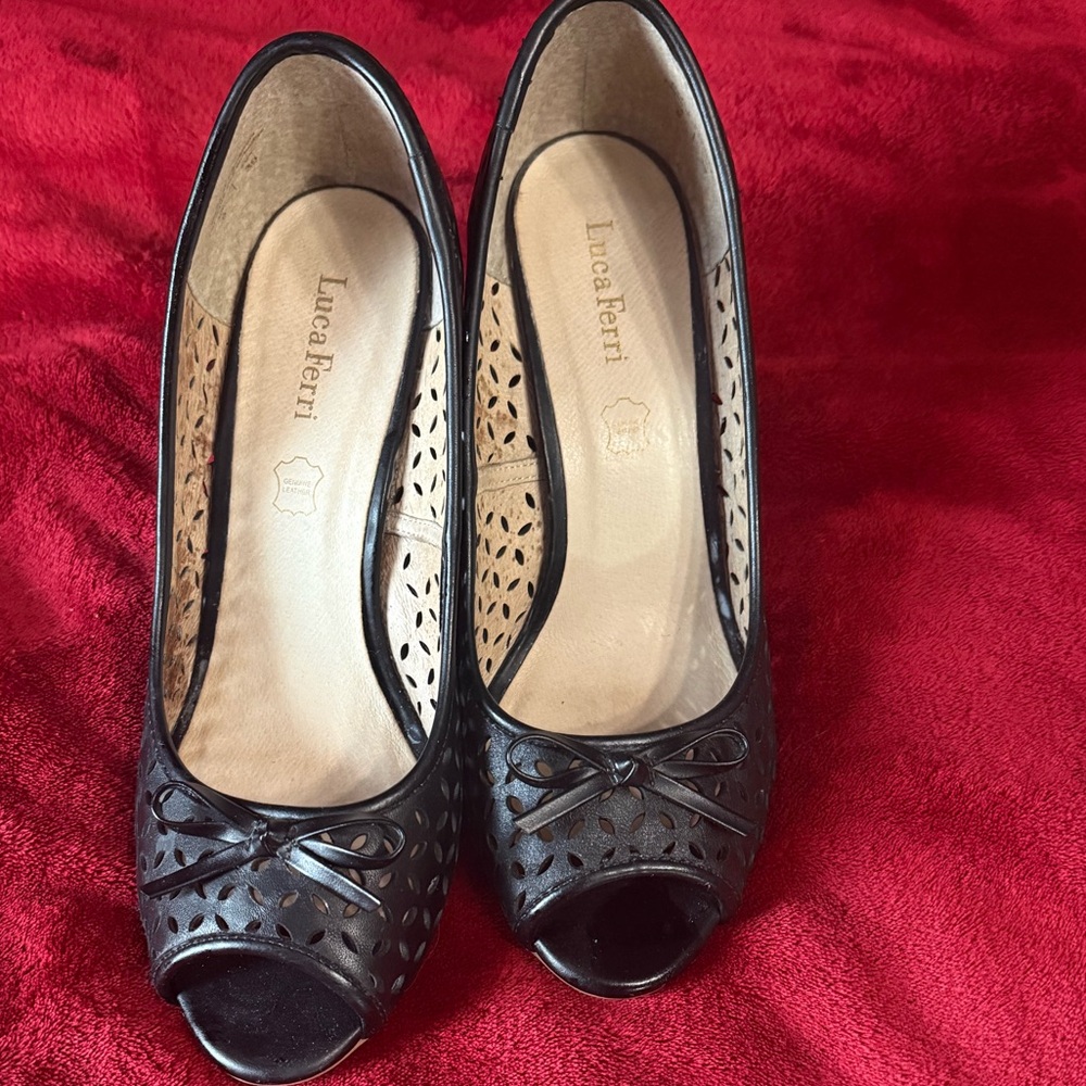 Luca Ferri Black Leather Peep Toe Wedge Heels | Cutout Detail | Size 9